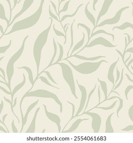 Elegant olive leaves branch abstract seamless pattern. Leaf modern art background. Organic shapes design for summer prints, cover, home deco wallpaper, social media post, story. Vector art
