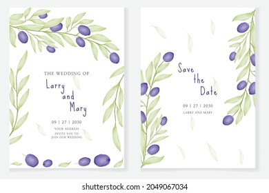 Elegant olive and leaves watercolor wedding invitation card set
