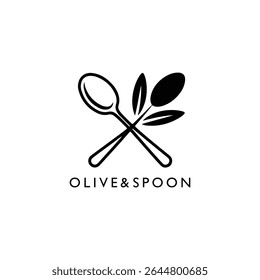 Elegante Olive e colher Logo Design Conceito Apresentando Crossed Silverware e Olive Branch Foodie Culinary Identity Template Estilo Minimalista