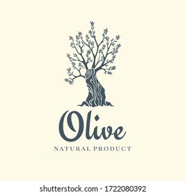 Elegant olive tree isolated icon. Vector tree logo design concept. Olive tree silhouette illustration. Natural olive oil tree plant emblem