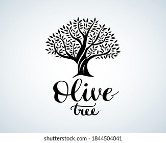 Elegant olive tree isolated icon. Vector tree logo design concept. Olive tree silhouette illustration. Natural olive oil tree plant emblem and brush lettering. Black and white version.