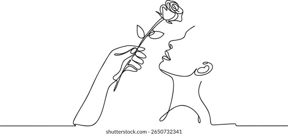 Uma Elegante Arte de Linha Representando uma Mão Apresentando uma Rosa para uma Mulher Capturando um Momento de Romance e Afeição