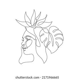 Elegant one line drawing: abstract woman face with tropical flower, leaf. Female portrait continuous line art in minimal style. Vector illustration for cosmetics, beauty salon logo, fashion print, spa