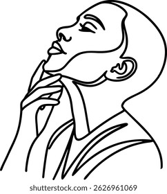 Elegant one line drawing depicting a pensive woman with hand on chin in contemplation