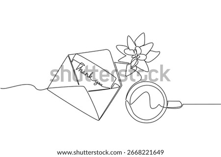 Elegant one line drawing featuring a thank you note paper in an envelope with flower and coffee cup. Show gratitude, kindness, and appreciation in a lifestyle concept for Thank You Day celebration.