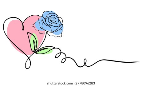 Elegant one line drawing of a heart with a delicate blue rose and green leaves. Minimalist, romantic, and artistic graphic for love and affection themes.