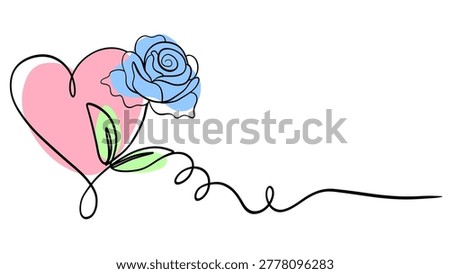 Elegant one line drawing of a heart with a delicate blue rose and green leaves. Minimalist, romantic, and artistic graphic for love and affection themes.
