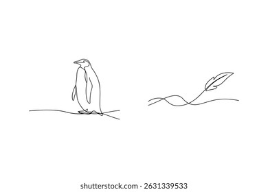 Elegant one line drawing of a penguin and feather on a clean white background