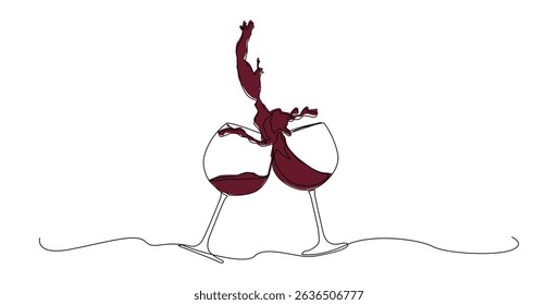 Elegant one line drawing of two wine glasses clinking with dramatic splash effect. Perfect for celebration themes, romantic occasions etc.