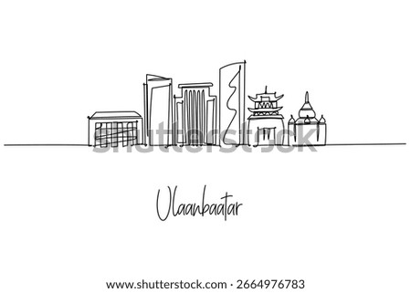 Elegant one line drawing of Ulaanbaatar city skyline, with Blue Sky Tower, Sukhbaatar Square and temples; a city skyline concept themed around Mongolia's capital culture and steppe spirit.