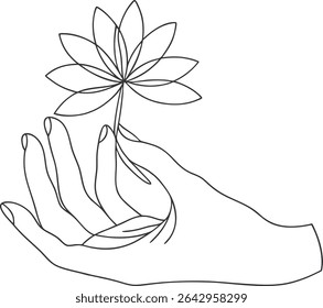 Elegant one line hand holding lotus flower drawing in minimalist style. Perfect for tattoo design, meditation wellness branding, and modern botanical illustrations in vector format.