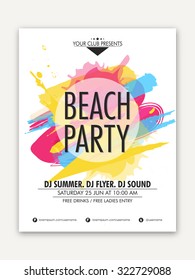 Elegant One Page Flyer, Banner Or Template Design With Colorful Splash For Beach Party Celebration.