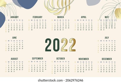 Elegant one page wall calendar template for 2022 year. Week starts on Sunday. Creative floral horizontal wall dairy date planner with leaves and golden elements. Vector business fashion 2022 calendar.