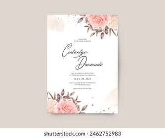 Elegante juego de Plantilla de invitación de boda de un solo lado con rosas de acuarela