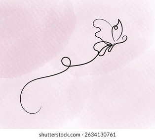 Elegant one-line butterfly drawing on a soft pink watercolor background. Minimalist, delicate, and artistic.