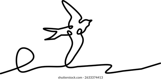 Elegant one-line drawing of a bird in flight, sketched in black. This minimalistic, artistic design is ideal for nature, freedom, wildlife, and contemporary graphic or branding concepts.