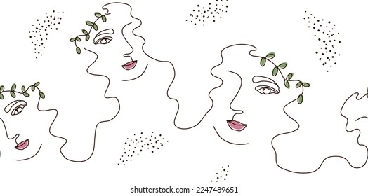 Elegant one-line seamless background of a female abstract face. Drawing eyes, lips in a minimalist style. Fashionable illustration for print,  cosmetics,  banner. A continuous line of art. fashion