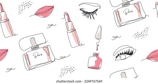 Elegante fondo de una línea sin inconvenientes con la imagen de elementos de moda. ojos, labios, lápiz labial, un punto en un estilo minimalista. Ilustración de moda para la impresión, el papel. cosméticos, pancarta. 
