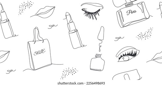 Elegant one-line seamless background with the image of fashionable elements. eyes, lips, lipstick, a dot in a minimalist style. Fashionable illustration for print, paper. cosmetics, banner.
