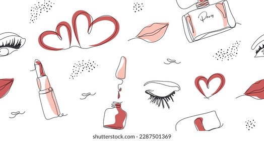 Elegant one-line seamless background with the image of fashionable elements. eyes, lips, lipstick, a dot in a minimalist style. Fashionable illustration for print, paper. cosmetic, banner. 