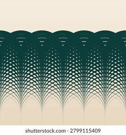An elegant op-art vector illustration featuring repeating arched curves that converge toward multiple focal points along the lower portion of the composition, creating a scalloped border of solid dark teal-green arches at the top that gradually opens into a fine diamond-shaped mesh of thin lines toward the bottom. The radiating fan-like structure evokes gothic vaulted architecture, palm fronds, or peacock feather patterns set against a warm cream background. The sophisticated green-and-cream color palette gives the design a calm, premium, art-deco-inspired aesthetic. Well-suited for luxury branding, wallpaper and textile design, hospitality and spa interiors, and elegant editorial backgrounds.