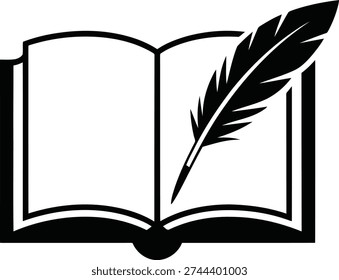 Elegant open book with feather quill pen on clean white background