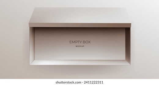 An elegant open shoe box mockup, showcasing a luxury product. The realistic 3D vector design, with a blank template, is perfect for brand presentation and corporate packaging. Not AI.