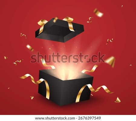 Elegant Opening Black gift boxes with golden confetti and ribbons, on red backgrounds