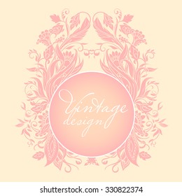 Elegant openwork round vintage frame in precious floral pattern in refined pink