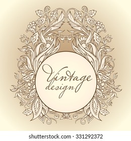 Elegant openwork round vintage frame in precious floral pattern in refined beige