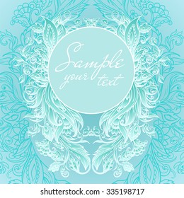 Elegant openwork round vintage frame in precious floral pattern in refined blue
