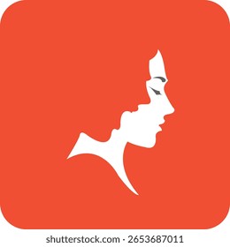 Uma ilusão ótica elegante mostrando o rosto de uma mulher formado dentro de outro rosto em um fundo laranja vibrante.