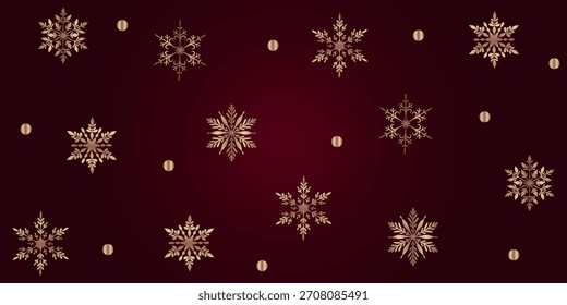 Un fondo elegante y opulento con varios copos de nieve dorados adornados y puntos dorados brillantes esparcidos por un fondo rico, profundo de color borgoña o marrón. Ideal para invierno y vacaciones premium 