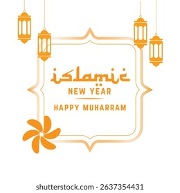 Elegant orange design celebrating Islamic New Year. Features hanging lanterns, ornate frame, "Happy Muharram" text, and decorative elements. Ideal for greetings, banners, and festive occasions.