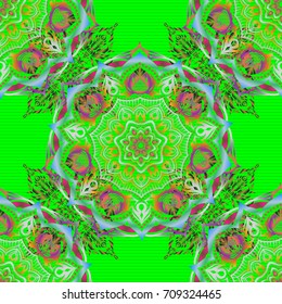 Elegant orange and green seamless pattern with and Mandala elements. Nice vector hand-drawn illustration.