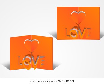 Elegant orange greeting card design with paper cut out heart shape and text Love for Happy Valentines Day celebration.