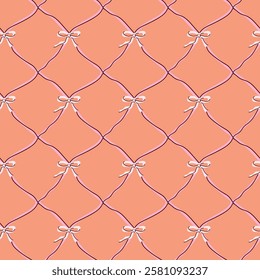 Elegant orange and purple bow pattern with diamond shapes on background.