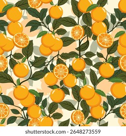 Laranjas elegantes e folhas padrão sem costura. Vetor frutas tropicais naturais e padrão de folhagem. Botânica laranja grove impressões sobre fundo de luz.