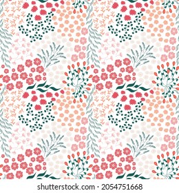 Elegant organic seamless pattern of flowers, twigs and simple elements on a white background.