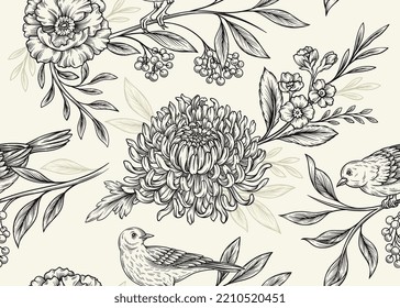 Elegant organic seamless pattern. Linear repeating sketch with birds, Japanese chrysanthemums, plant branches and leaves. Design element for printing on fabric. Cartoon flat vector illustration