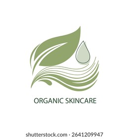 Elegant organic skincare logo with a flowing leaf and a water drop, symbolizing natural ingredients and gentle care.
