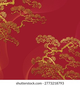 Elegant oriental background featuring golden pine tree branches on a rich red backdrop with flowing line patterns. Inspired by traditional East Asian aesthetics, this design symbolizes longevity, prosperity, and good fortune, making it perfect for Chinese New Year, festive branding, packaging, and luxury decorative use.