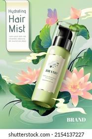 Elegant oriental hair care product ad template. 3d plastic bottle mock-up with vintage lotus and mountain river scenery drawings.