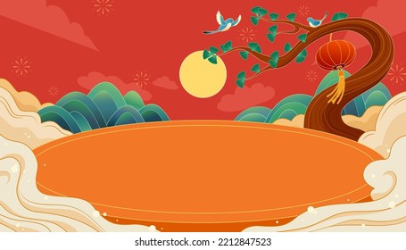Elegant oriental style background  Illustrated empty dinner table in misty cloud   tree  Mountains   moon in red sky background 