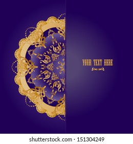 elegant oriental style purple background with golden round lace pattern, for invitation or greeting card. Vector, EPS 10