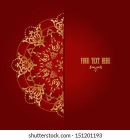 elegant oriental style red background with golden round lace pattern, for invitation or greeting card. Vector, EPS 10