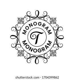 Elegant ornamental circle logos with initial letter t. Modern Decorative ornament emblem badge. Simple Black Monogram on white background. Vector Illustration.