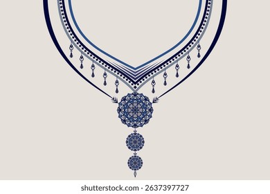 Elegant ornamental collar design in Indigo Mist tones, perfect for fashion design, embroidery templates, or textile placement prints. Inspired by mandala and boho aesthetics.
