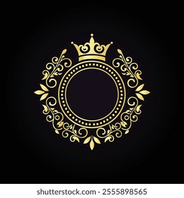 Elegant ornamental crown design with intricate golden floral patterns on a black luxurious background  
