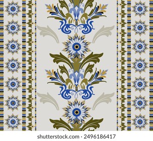 Elegant Ornamental Damask Pattern with Floral Motifs in Blue on Beige Background, Intricate Symmetrical Design Ideal for Wallpaper, Textile, and Surface Decoration, Reflecting Classic Vintage Style